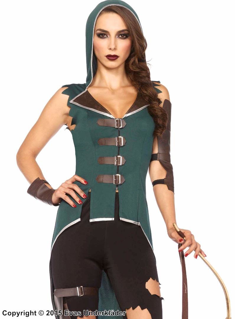 Female Robin Hood, top and leggings costume, buckle, tatters